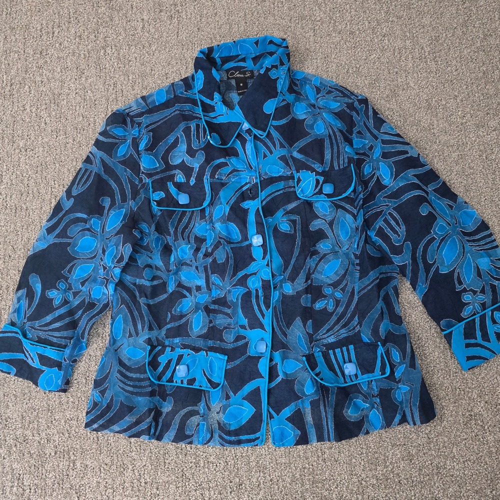 Clara S Blue Abstract Burnout Jacket Womens M‎ Artsy Sheer Lightweight